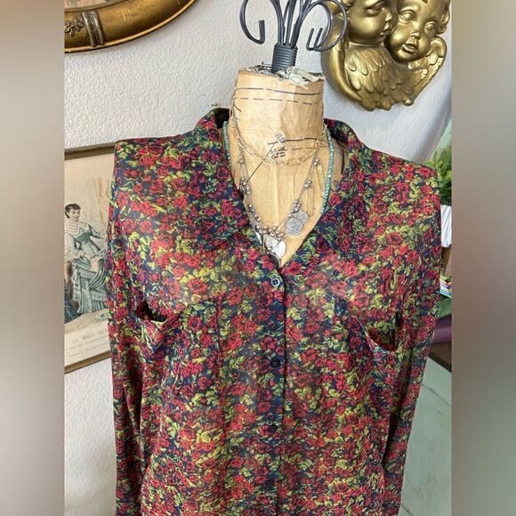 Free People Easy Rider Blue Green Red Rose Floral Sheer Button Up Blouse Sz M - Picture 5 of 12